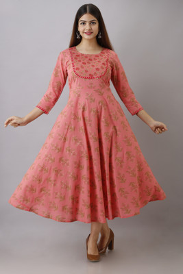 GLAM ROOTS Women Printed Flared Kurta(Pink)