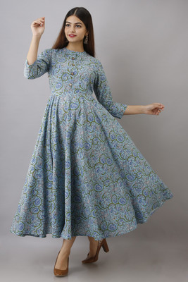 GLAM ROOTS Women Printed Flared Kurta(Blue)