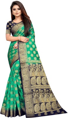 DHRUVIL TEXTILES Self Design Kanjivaram Cotton Silk Saree(Green)