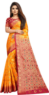 PICKWELL Self Design Banarasi Cotton Silk Saree(Yellow)