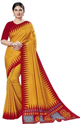 GLAM VILLA Printed Ikkat Silk Blend, Chanderi Saree(Red, Yellow)