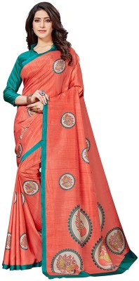 GLAM VILLA Printed Bollywood Silk Blend, Chanderi Saree(Orange)