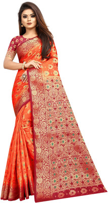 DHRUVIL TEXTILES Self Design Kanjivaram Cotton Silk Saree(Orange)