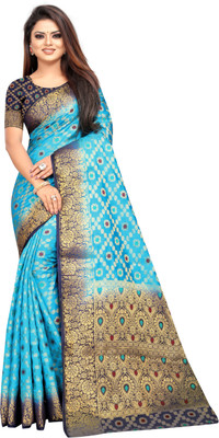 DHRUVIL TEXTILES Self Design Patola Cotton Silk Saree(Multicolor)