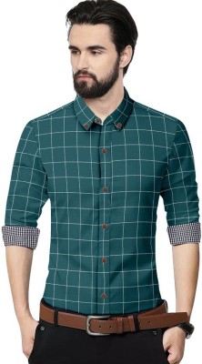 VTEXX Men Checkered Casual Dark Green Shirt