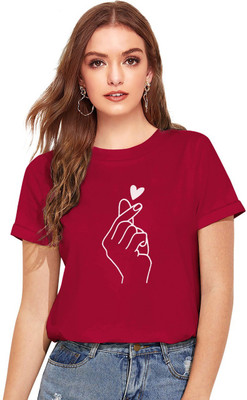 WSRF FAB Casual Short Sleeve Printed Women Maroon Top