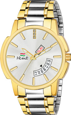 hcmt Original Two Tone Gold Ion Plated Silver Dial Day & Date Functioning Stainless Steel Bracelet Premium Analog Watch  - For Men