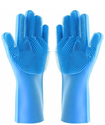 SMT Texup MultiPurpose Silicone Reusable Cleaning Brush Heat Resistant Scrubber Gloves for Housework, Dishwashing. Kitchen Clean, Bathroom, Bathing I Hangable I Multicolor I Pack o2 I Size : 28 x 12 Wet and Dry Glove Set(Free Size Pack of 2)