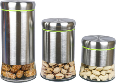 crystalia Glass, Steel Utility Container  - 880 ml, 570 ml, 350 ml(Pack of 3, Silver)