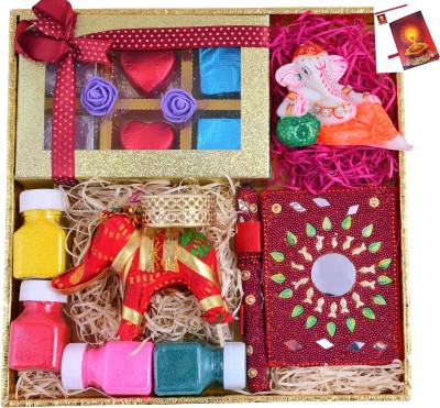 MANTOUSS Diwali chocolate gift pack-1 designer tray+1 Handmade chocolate box+1 Rajasthani diary and pen+1 murti of resting Ganesha+1 Elephant candle tealight stand+rangoli colours+Diwali greeting card Wooden, Plastic, Ceramic, Cotton, Paper Gift Box(Multicolor)