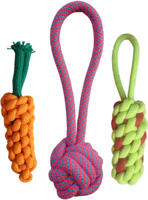 W9 Combo of 3 Durable Pet Teeth Cleaning Chewing Biting Knotted Small Puppy Toy-Pink Multi Color Cotton Chew Toy For Dog