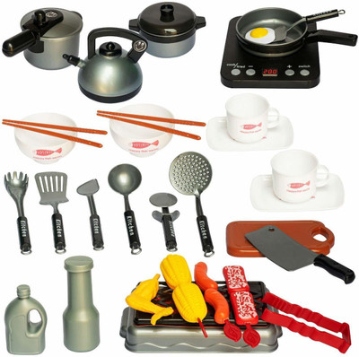 Smartcraft Happy Baby Kitchen Set, Kid's Realistic Cooking Food Pretend Play Educational Tool Kitchen Set with Cookware, Utensils, Food & Other Accessories - 32 Pieces- M