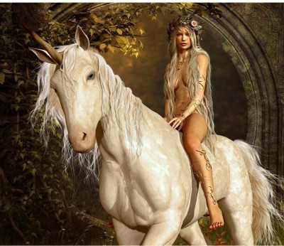 Artzfolio 83.312 cm Maiden Riding A Unicorn In The Fairy Forest Peel & Stick Vinyl Wall Sticker 32.8inch x 28inch (83.2cms x 71.1cms) Self Adhesive Sticker(Pack of 1)