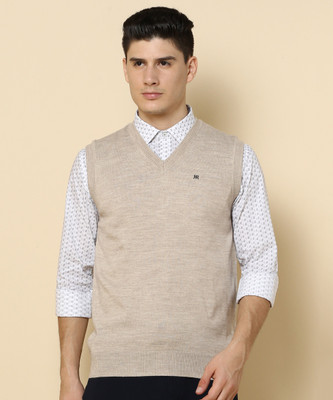 Raymond Solid V Neck Casual Men Beige Sweater