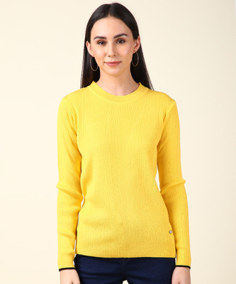 METRONAUT Striped Round Neck Casual Women Yellow Sweater