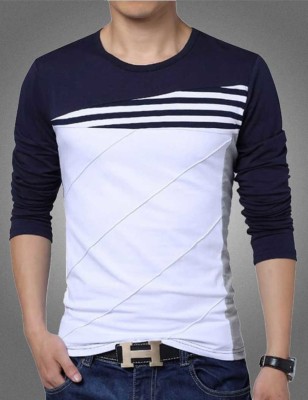 Try This Color Block Men Round Neck White, Blue T-Shirt