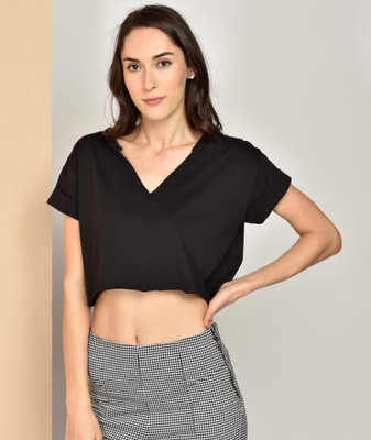 Chimpaaanzee Casual Short Sleeve Solid Women Black Top