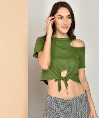 Chimpaaanzee Casual Short Sleeve Solid Women Green Top