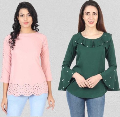 NOBEY Casual 3/4 Sleeve Laser Cut Women Dark Green, Pink Top