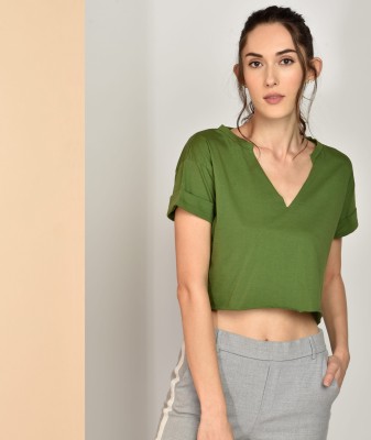 Chimpaaanzee Casual Short Sleeve Solid Women Green Top