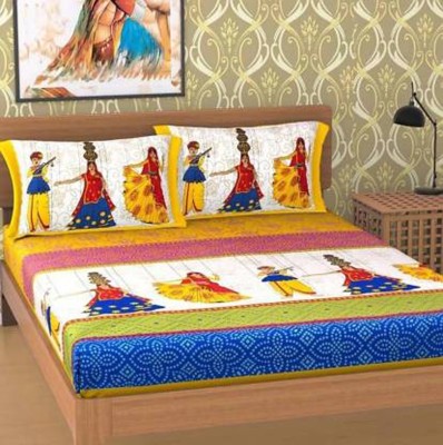 Yakshita Collection 120 TC Cotton Double Motifs Flat Bedsheet(Pack of 1, Yellow)