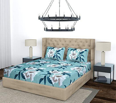 Divine Homes Microfiber Double Flat 140 TC Floral Bedsheet(Pack of 1, Aqua Blue)