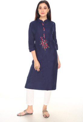 GUDWONE Women Embroidered Straight Kurta(Blue)