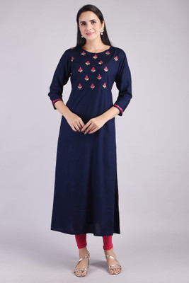 VISPI Women Embroidered Flared Kurta(Blue)
