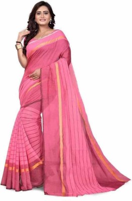 KV Fashion Striped Guntur Cotton Silk Saree(Pink)