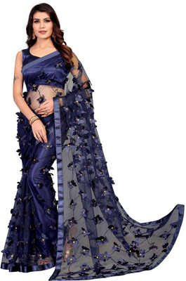 KV Fashion Printed Bollywood Net Saree(Dark Blue)