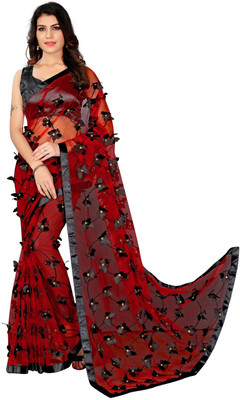 LADY SHOPI Printed Bollywood Net Saree(Red, Black)