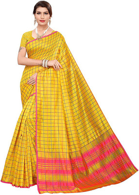 Blissta Checkered Bollywood Cotton Silk Saree(Yellow)