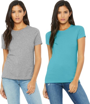 BLANCD Solid Women Round Neck Light Blue, Grey T-Shirt