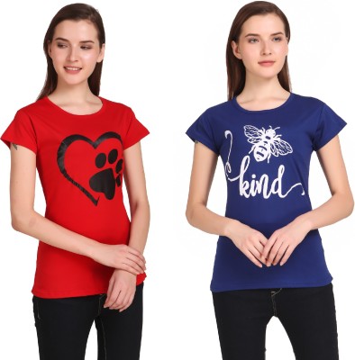 threadx Printed Women Round Neck Red, Blue T-Shirt