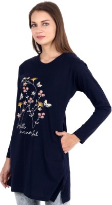 CRAFTLY Printed Women Round Neck Dark Blue T-Shirt