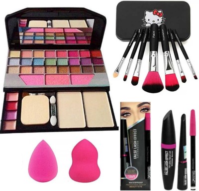 Gelato Beauty 7pcs Makeup Brush set with Tya 6155 Makeup Kit + 2 pc Blender Puff and 3IN1 (KAJAL+MASCARA+EYELINER) Combo (Pack of 6)(5 Items in the set)