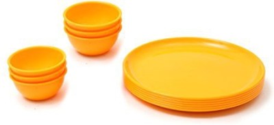 Kanha Pack of 12 Plastic Microwave Safe and Unbreakable Yellow Round Full Plates with Bowl - Pack of 6 Plates nd 6 Bowl Set- 12 Pieces Dinner Set(Yellow, Microwave Safe)
