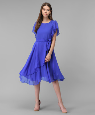 vivient Women A-line Blue Midi/Calf Length Dress