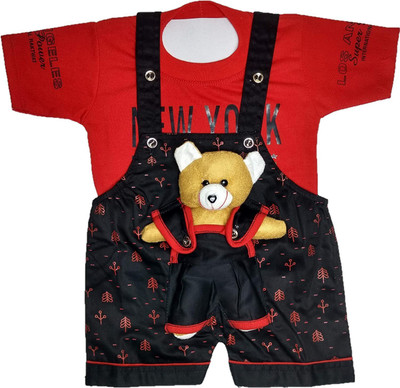 Jinie Dungaree For Baby Boys & Baby Girls Casual Printed Cotton Blend(Black, Pack of 1)