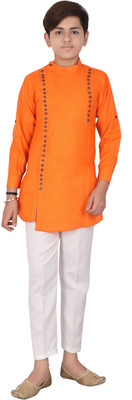 Qitty Boys Festive & Party Kurta and Pyjama Set(Orange Pack of 1)