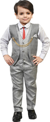 Fashion 4 Ever Boys Festive & Party Shirt, Waistcoat and Pant Set(Grey Pack of 1)