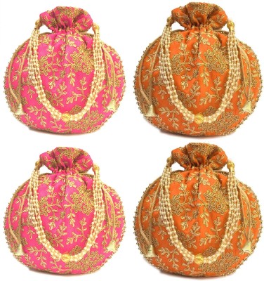 athizay Combo Of 4 Pcs ( 2 Pcs Pink 2 Orange ) Potli bags for women handbags traditional Indian Wristlet with Drawstring Ethnic Embroidery Potli Hand bags Potli(Pack of 4)