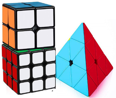 Authfort Speed Cube Set of Black base stickered 2x2x2 3x3x3 stickerless Pyramid Smooth Puzzle Cube set of 3(3 Pieces)