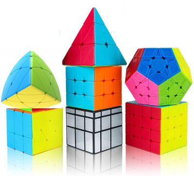 Authfort Cube Combo of Stickered silver Mirror, 3 x 3 , 4 x 4 ,Megaminx , Pyraminx, Windmill ,Mastermorphinx Tringal High Speed Stickerless Magic Puzzle Cube(7 Pieces)