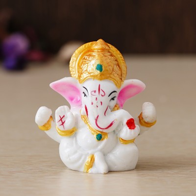 eCraftIndia White Lord Ganesha Idol with Golden Mukut Decorative Showpiece  -  6 cm(Metal, White)