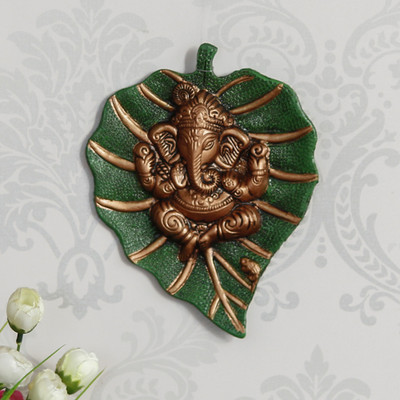 eCraftIndia Brown Lord Ganesha on Green Leaf Wall Hanging Decorative Showpiece  -  19 cm(Aluminium, Brown)