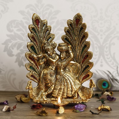 eCraftIndia Golden Radha Krishna Idol Metal Decorative with Diya Decorative Showpiece  -  20 cm(Metal, Multicolor)