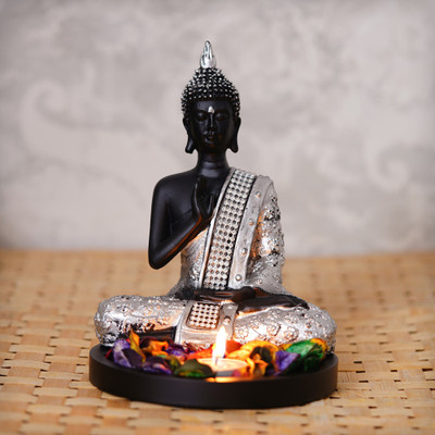 eCraftIndia Handcrafted Meditating Blessing Silver Buddha with Wooden Base, Fragranced Petals and Tealight Decorative Showpiece  -  20 cm(Polyresin, Black)