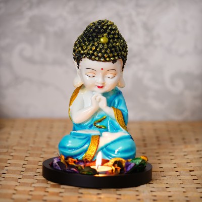 eCraftIndia Praying Blue Monk Buddha with Wooden Base, Fragranced Petals and Tealight Decorative Showpiece  -  21 cm(Polyresin, Blue)