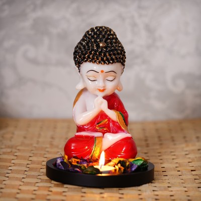 eCraftIndia Praying Red Monk Buddha with Wooden Base, Fragranced Petals and Tealight Decorative Showpiece  -  21 cm(Polyresin, Red)